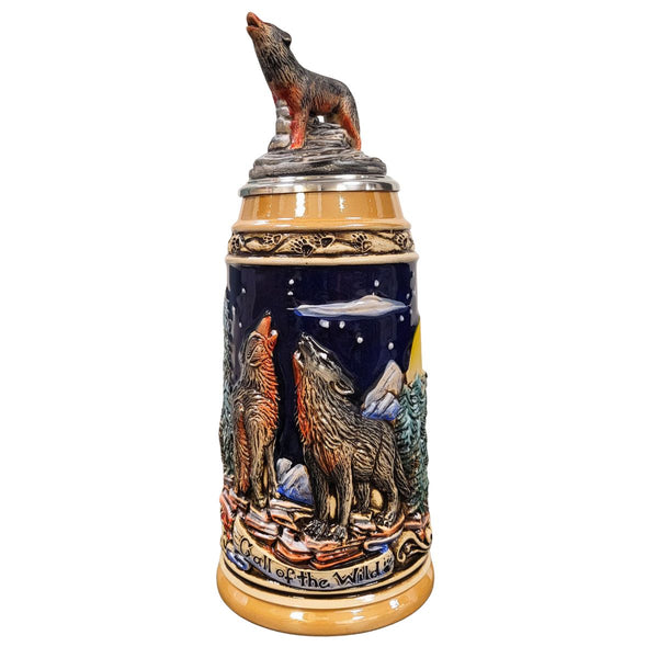German wolf beer stein with howling wolves, forest moonlit scene, and sculpted wolf lid by Zoeller & Born