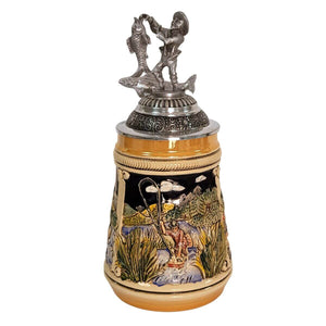German beer stein with hand-painted fishing scene, fish-shaped handle, fish thumb lift, and pewter lid topped with a fisherman holding a catch.

