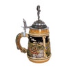 the side of a German beer stein with hand-painted fishing scene, fish-shaped handle, fish thumb lift, and pewter lid topped with a fisherman holding a catch.

