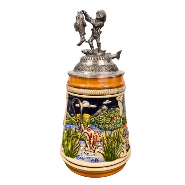 German beer stein with hand-painted fishing scene, fish-shaped handle, fish thumb lift, and pewter lid topped with a fisherman holding a catch.
