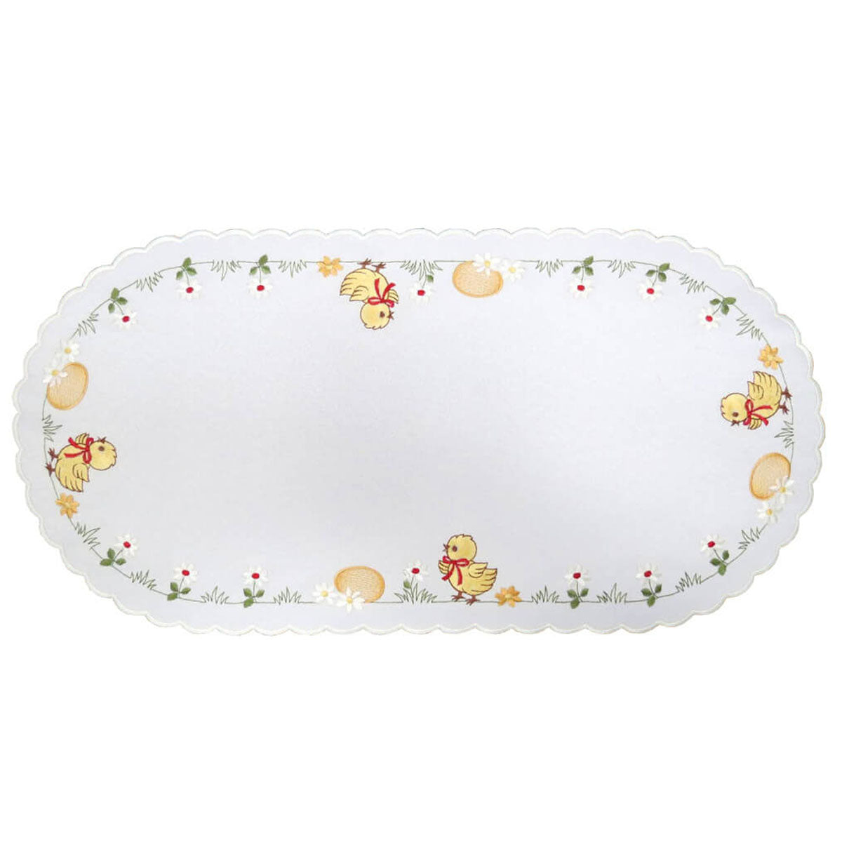 Table Runner - White w/ Chicks, Easter Eggs & Daisies Oval Large