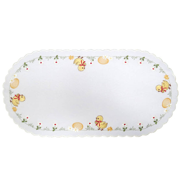 Table Runner - White w/ Chicks, Easter Eggs & Daisies Oval Large