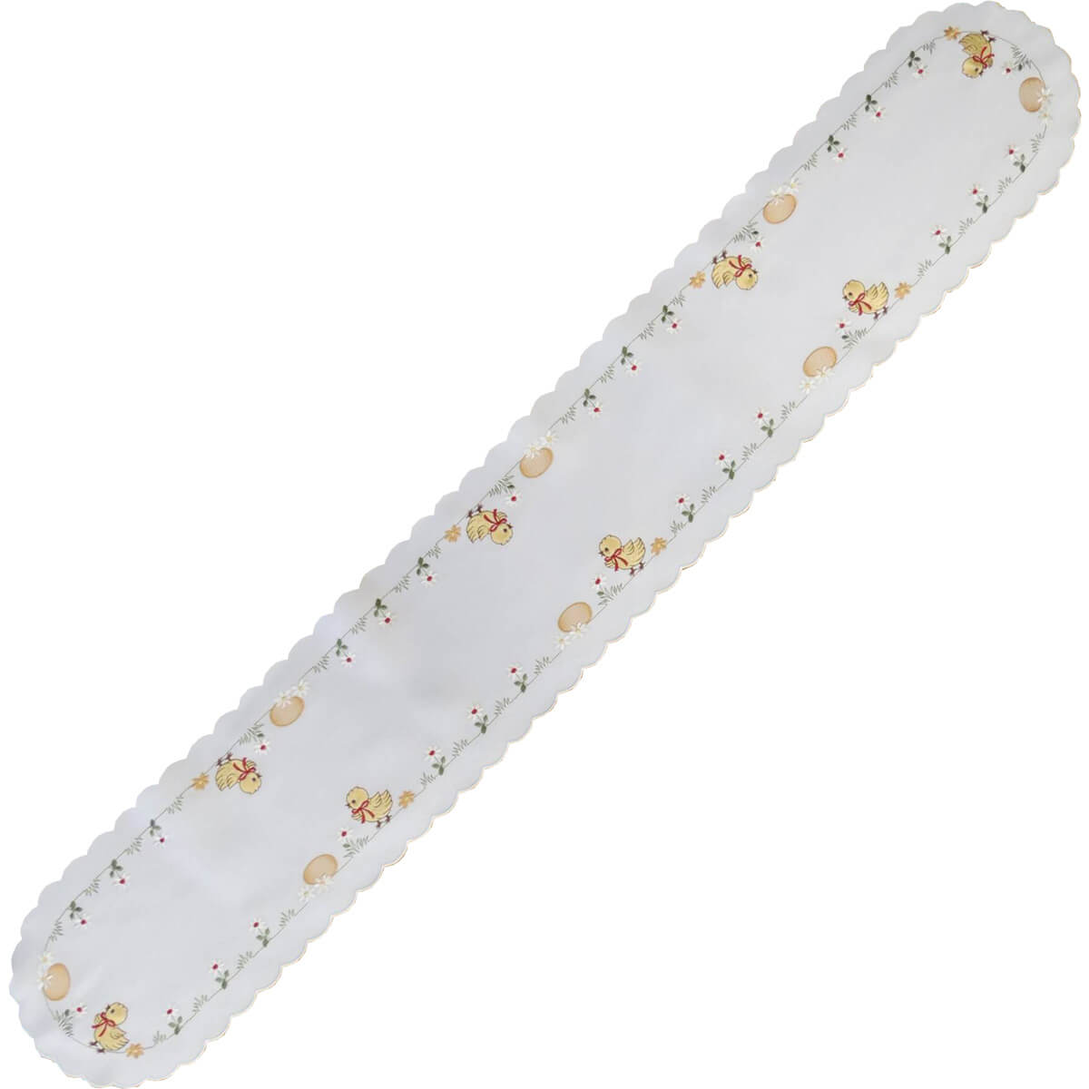 Table Runner - White with Yellow Chicks, Easter Eggs & Spring Daisies Large