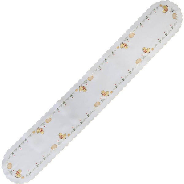 Table Runner - White with Yellow Chicks, Easter Eggs & Spring Daisies Large