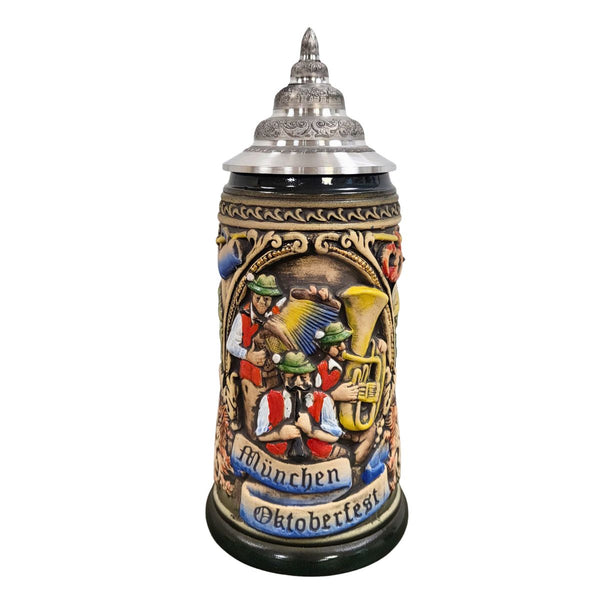 Munich Oktoberfest Beer Stein by KING featuring Bavarian oompah band musicians, tuba player, Munich Oktoberfest banner, and pewter lid