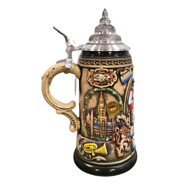 Side view of KING Oktoberfest Beer Stein featuring Munich City Hall Glockenspiel, Bavarian lion, edelweiss accents, and brass instrument motifs