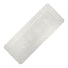 White linen table runner with scalloped cutwork edges and subtle leaf tendril embroidery, large size