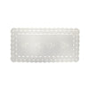 White linen table runner with scalloped cutwork edges and subtle leaf tendril embroidery