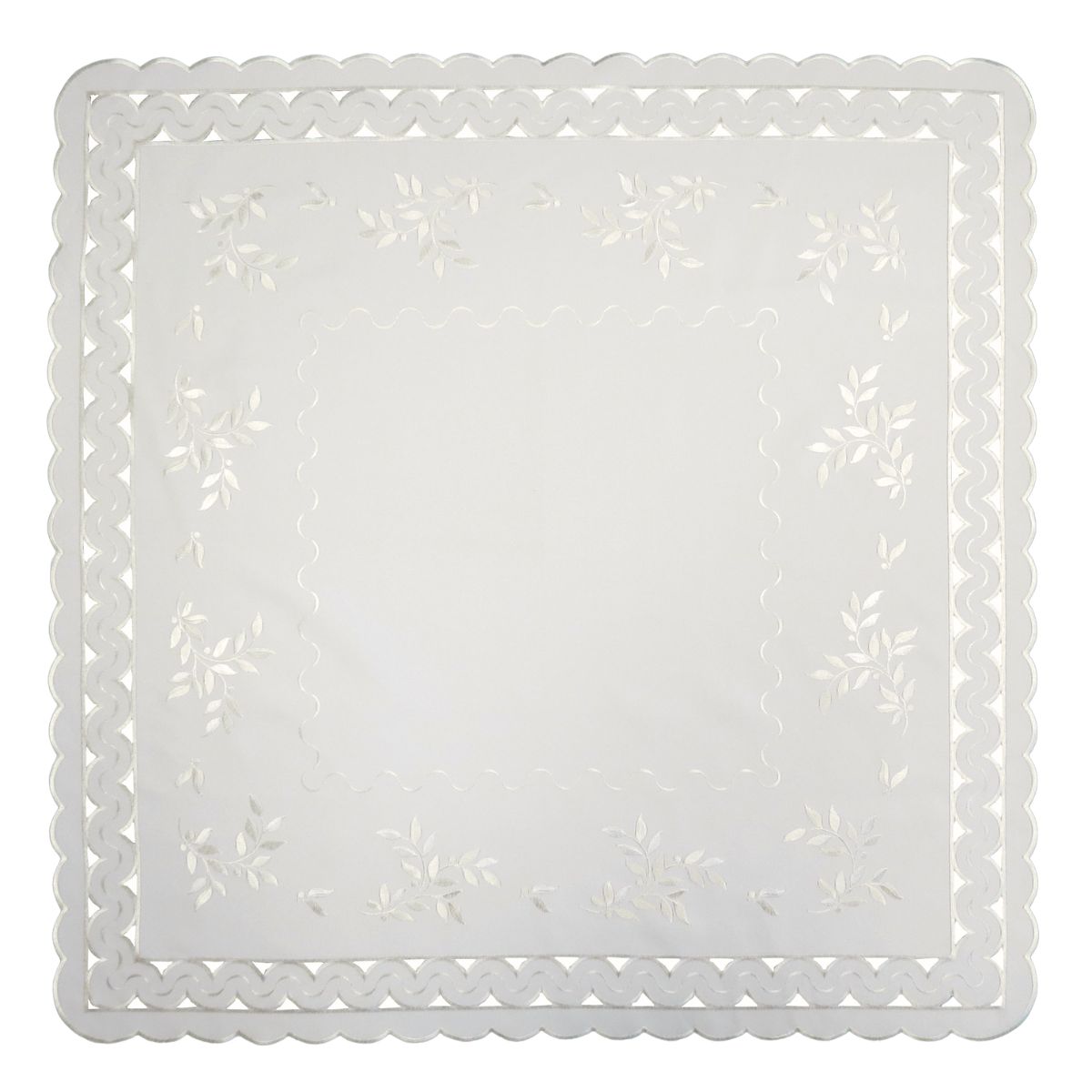 White square linen tablecloth with scalloped cutwork edges and subtle leaf tendril embroidery