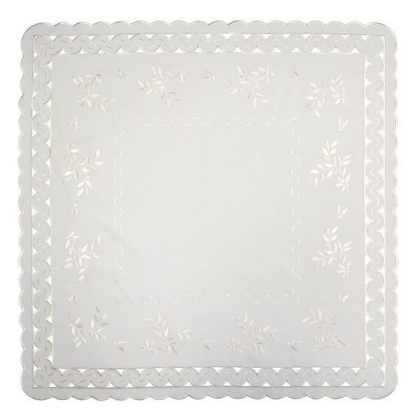 White square linen tablecloth with scalloped cutwork edges and subtle leaf tendril embroidery