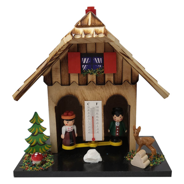 Moving Bavarian Couple forecasting the weather on Engstler Weather House with Deer and Fir Tree