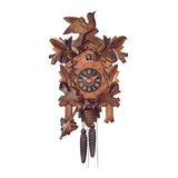 1 day traditional cuckoo clock with moving birds on the bottom above a nest, surrounded by a frame of forest leaves and a cuckoo carving on top.