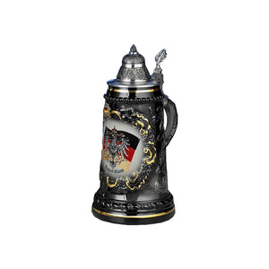 small King Beer stein with  German flag and Eagle in the center framed with 24K Gold Accents.