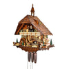 Left view of the August Schwer Black Forest 8 Day Chalet Cuckoo Clock With Music, Dancers, Spinning Water Wheel, and Frolicking Rabbits