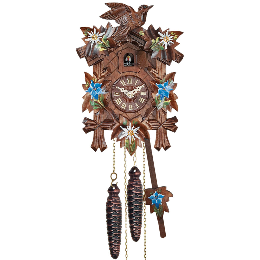 HandPainted Quartz Cuckoo Clock with Blue Enzian and White Edelweiss