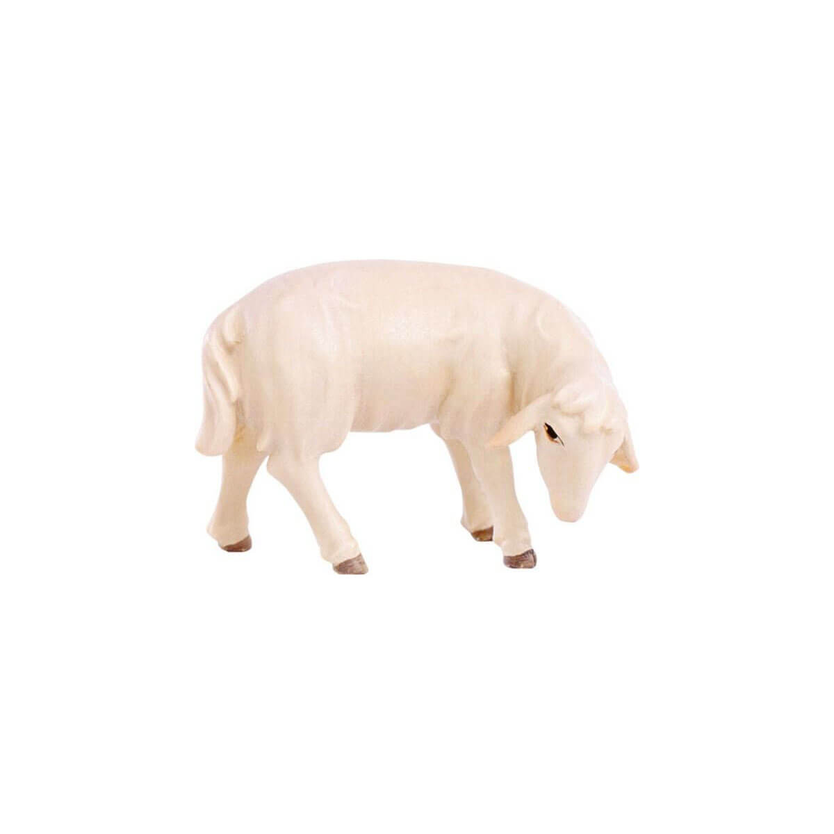 Sculpted wooden figurine of a sheep grazing for Artis Nativity set.