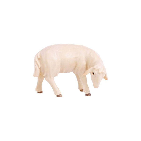 Sculpted wooden figurine of a sheep grazing for Artis Nativity set.