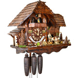Oblique view of August Schwer Milling Complex cuckoo clock with a farmer chopping wood and a cow and rooster watching him.