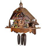 Side view of Schwer Cuckoo Clock Old Farm with woman, dog, rooster and ducks and a small bakehouse on the side and many farm details.