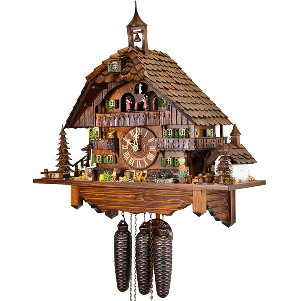 Side view of Schwer Cuckoo Clock Old Farm with woman, dog, rooster and ducks and a small bakehouse on the side and many farm details.