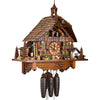 Side view of Schwer Cuckoo Clock Old Farm with woman, dog, rooster and ducks and a small bakehouse on the side and many farm details.