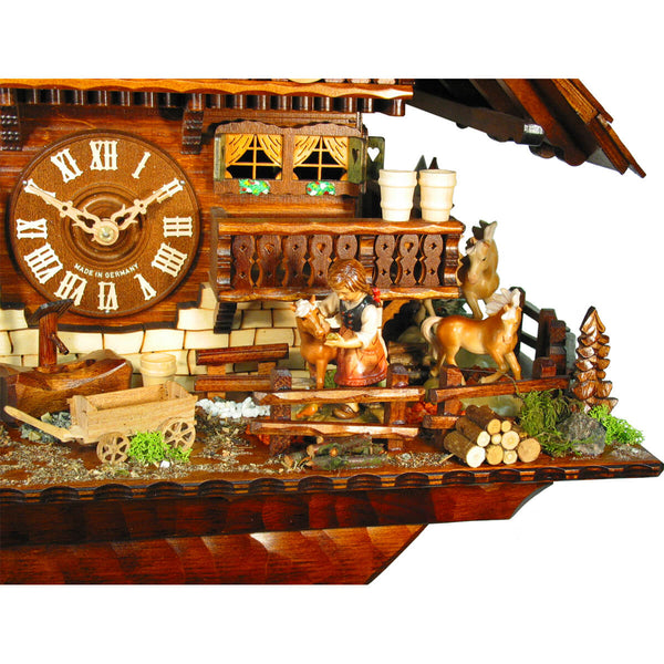Two Horses watching a Bavarian Girl stroking a Foal in front of a Wooden Balcony on a Schwer Cuckoo Clock