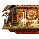 Black Forest Women ringing the Bell on a Farmhouse next to a Wooden Cross on a Schwer Cuckoo Clock