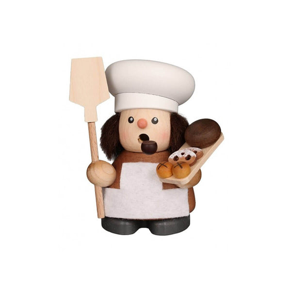 Handcrafted Christian Ulbricht smoker figurine of a baker wearing a white apron and hat, holding a board with bread and cookies, and a bread peel in the other hand.
