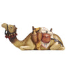 This PEMA Kostner Nativity - Camel Lying is the perfect addition to your holiday decorations. This camel figure is detailed with a blanket draped onto its back, various luggage pieces containing a rolled-up blanket, water containers and a pouch. The camel is lying down and wearing a headdress with tassels and intricate decorations. So accurate, you'll almost feel like you're in the stable with the baby Jesus.