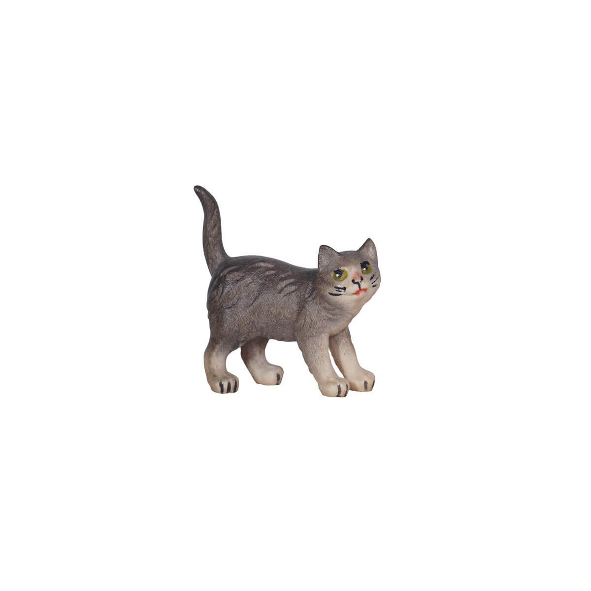 This beautiful PEMA Kostner Nativity - Cat standing is hand-carved out of wood and hand-painted, with a striking grey finish. It is standing with its front legs stretched out and its neck arching back looking up. The tail is pointed upwards.
