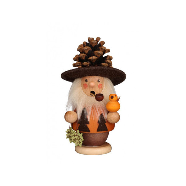 Christian Ulbricht Smoker - Pinecone Man with a pinecone hat, holding leaves and a bird, wearing a sweater with pine tree patterns.