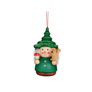 A green hat and a green jacket. This little wobble figure looks like a pine tree. In one hand he holds a squirrel in the other a toadstool.