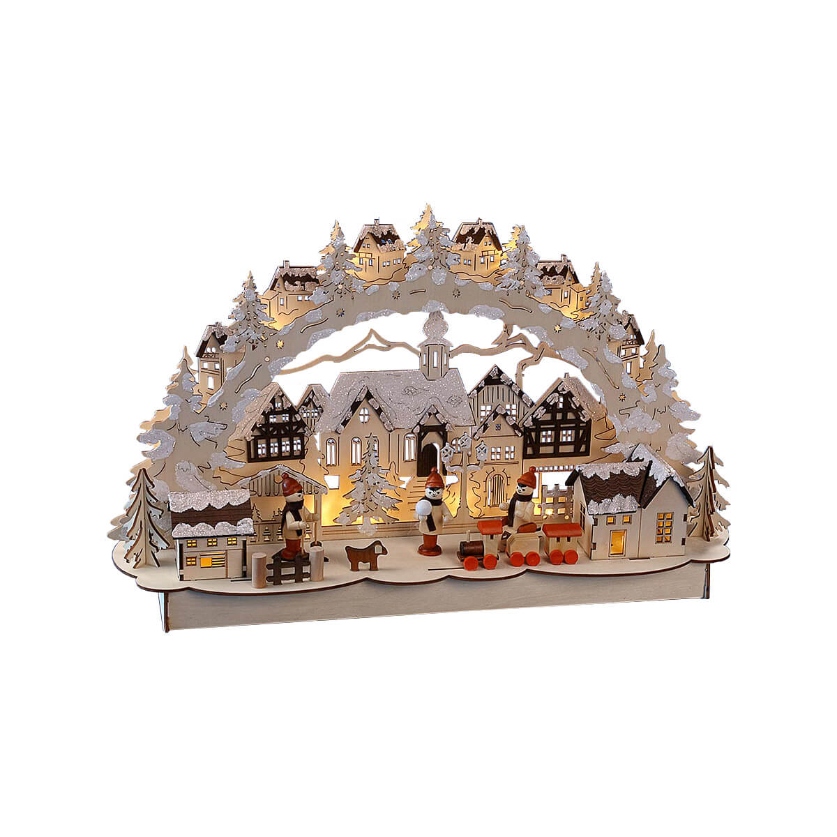 This wooden Pfaff Christmas Schwibbogen is 10.6x18x5 inches and uses battery powered LED lights. The arch, decorated with trees and snowcapped houses, spans above a church and a village with snowcapped roofs. Three children are skiing, sledding and making snow balls, completed by a dog and toy train in the front.