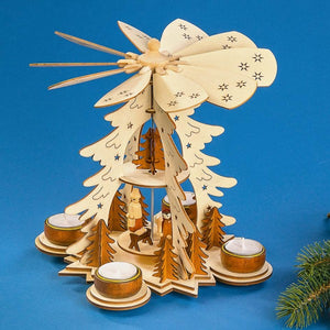 This natural-colored Pfaff Christmas pyramid is made out of wood works with four tealight candles. The two-tier pyramid shows the Holy Family and Nativity scene on the first platform and a tree on the second platform above. It is 10 inches tall.