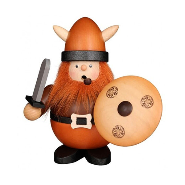 Handcrafted Christian Ulbricht Viking smoker with red beard, horned helmet, sword, and shield, ready for battle.