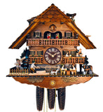8-Day Schneider Black Forest Chalet coocoo clock. From left to right on the base you see a man carrying a plank of wood next to a waterwheel, a man cuts wood on a saw, a dog, two men drink beer at a table, and a horse is tied to a stone post with a bucket in front of it. On the second level up, two balconies with windows flank the dial. On the right balcony, a man drinks beer and a waitress brings more. Above the wide balcony on top spin dancers. The shingled roof is being worked on by a man on the right.