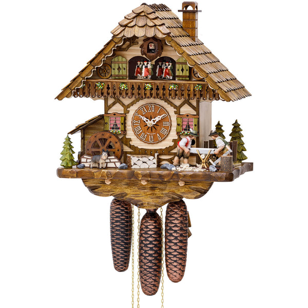 8-Day Cuckoo Clock featuring moving loggers, a turning mill wheel, and spinning dancers, styled like a traditional half-timbered house with red-and-white checkered curtains and green shutters.