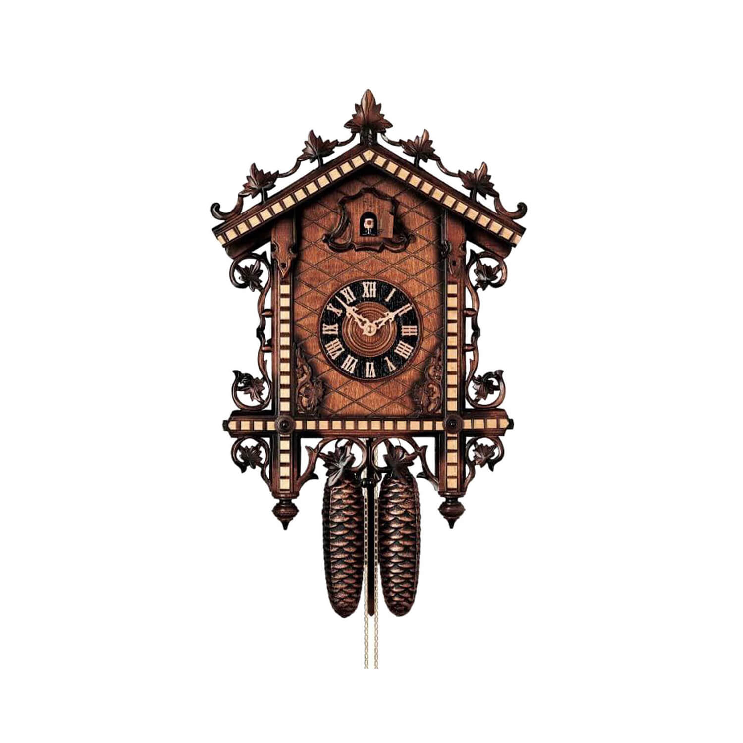 Handcrafted Hönes 8-day Black Forest cuckoo clock in classic railroad station house design with detailed scrollwork and contrasting wood tones.