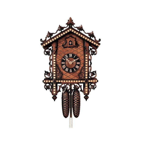 Handcrafted Hönes 8-day Black Forest cuckoo clock in classic railroad station house design with detailed scrollwork and contrasting wood tones.