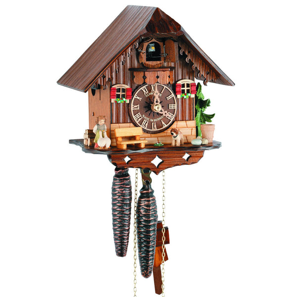 1-Day Schneider Chalet Coo Coo Clock. A girl is feeding geese in front of a pile of logs. There is a wooden bench to the left and a St. Bernard dog to the right with a green evergreen tree to the right of the house and stones and a big basket on the front right corner. The lower part of the front is natural wood colored, the upper part is a darker wood stain. There are two windows with red shutters and window boxes on each side of the dial. The roof is smooth and even, with a decorative trim in the front.