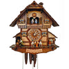 1-Day Schneider Chalet Coo Coo Clock with music and dancers. Dark timbers and two windows with Bavarian white and blue diamond patterned curtains frame the coockoo dial. The dancers above the balcony are dressed in traditional Bavarian attire. On the base to the left is a worker rolling a keg out of the storage unit. There is a table with 2 beer drinkers sitting on chairs in the middle and a worker tapping a keg on the right. Below the base is a lighter colored sign saying Brauhaus – Brewery.