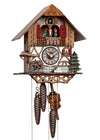 1-Day Schneider Chalet Coocoo clock with music and dancers. The half-timbered half white stucco lower half has a waterwheel on the left, a pile of logs in the middle and an evergreen tree on the right. There is one window with red shutters and flower box to the right of the dial. The upper half is made of dark wood paneling with a balcony. The dancers move to the music and there are red shutters next to the dancing platform. Above the dancers under the smooth roof is the cuckoo behind its door.