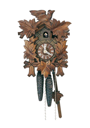 1-Day Schneider Traditional Black Forest Coocoo clock without music. The face of the clock is crosshatched. There are two large maple leaves on the tow top corners of the clock box, two leaves on each side and one at the bottom in the middle. Different tones of brown accentuate the clock dial in the middle with light colored numbers and hands. The cuckoo comes out from behind his little door above the dial to call. A larger carved cuckoo bird sits up on the top of the roof. 