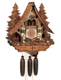 8-Day Black Forest Chalet Schneider coocoo clock with music. The chalet is white with brown timbers in the lower half and a brown wooden upper half. There are green fir trees, a squirrel, a bench and rocks on the right and left corner. Three bears are roaring amidst foliage. The dial is flanked by two windows with green shutters and floral window boxes. On the balcony above bears are dancing to the music. Behind the chalet there are two tall brown carved trees that reach the roof top. 
