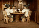 Three Men playing Cards with a Cuckoo Clock hanging on Wall on Anton Schneider Cuckoo Clock