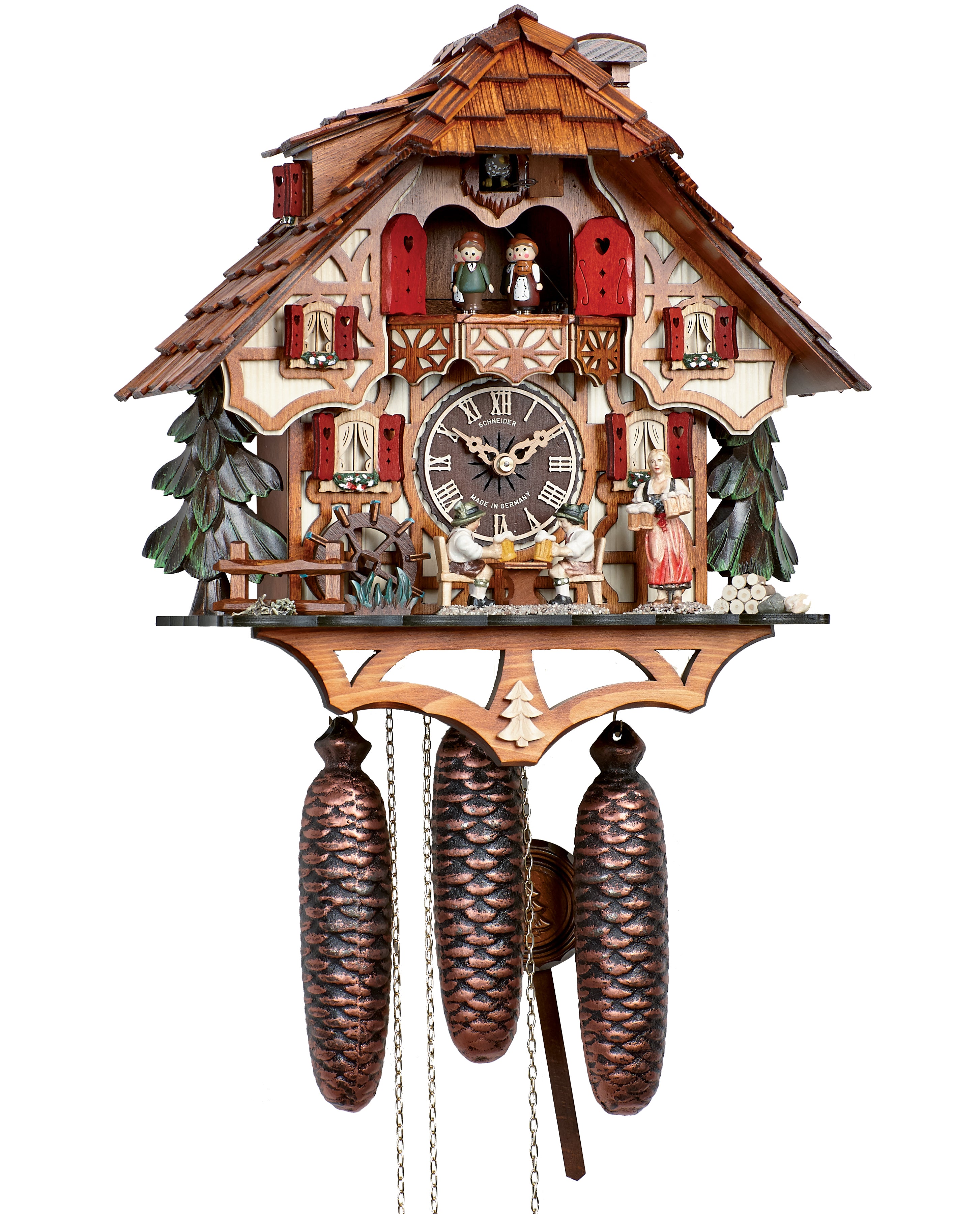 Cuckoo Clock - 8-Day Chalet with Beer Drinkers & Waitress - Schneider
