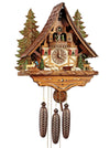 8-Day Black Forest Chalet coocoo clock with music. The white clock has a white lower section with curved brown timber, the upper is solid brown wood. Two tall green trees sit in the back, two smaller trees in the front. A deer on the left stands next to a water wheel, a bunny sits on a tree stump. Another deer is standing looking to the right, a second bunny sits by a wooden bench. A third deer grazes on the right next to a squirrel. The two windows have red shutters. Dancers spin above an ornate balcony. 