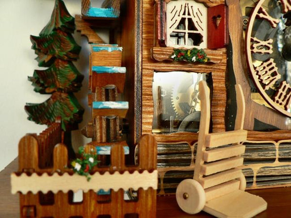 Handcart used for Transporting Beer Barrels next to a Water Wheel on a Schneider Chalet Cuckoo Clock