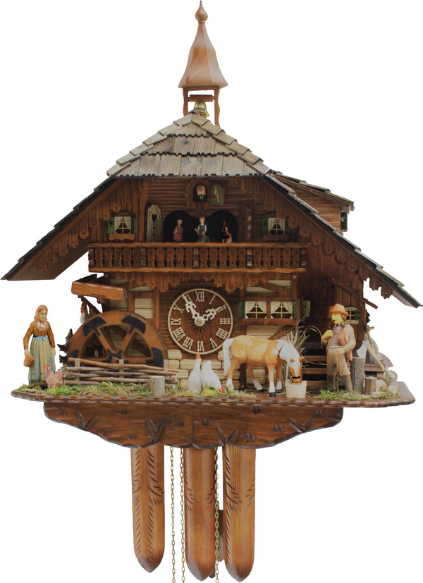 Rombach & Haas 8-Day Cuckoo Clock featuring a charming farmhouse scene with a horse, chickens, and traditional dancers, showcasing intricate Black Forest craftsmanship