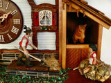 Bavarian Girl next to a Horse in a Stable and a Man with a Pitchfork on a Schneider Chalet Cuckoo Clock